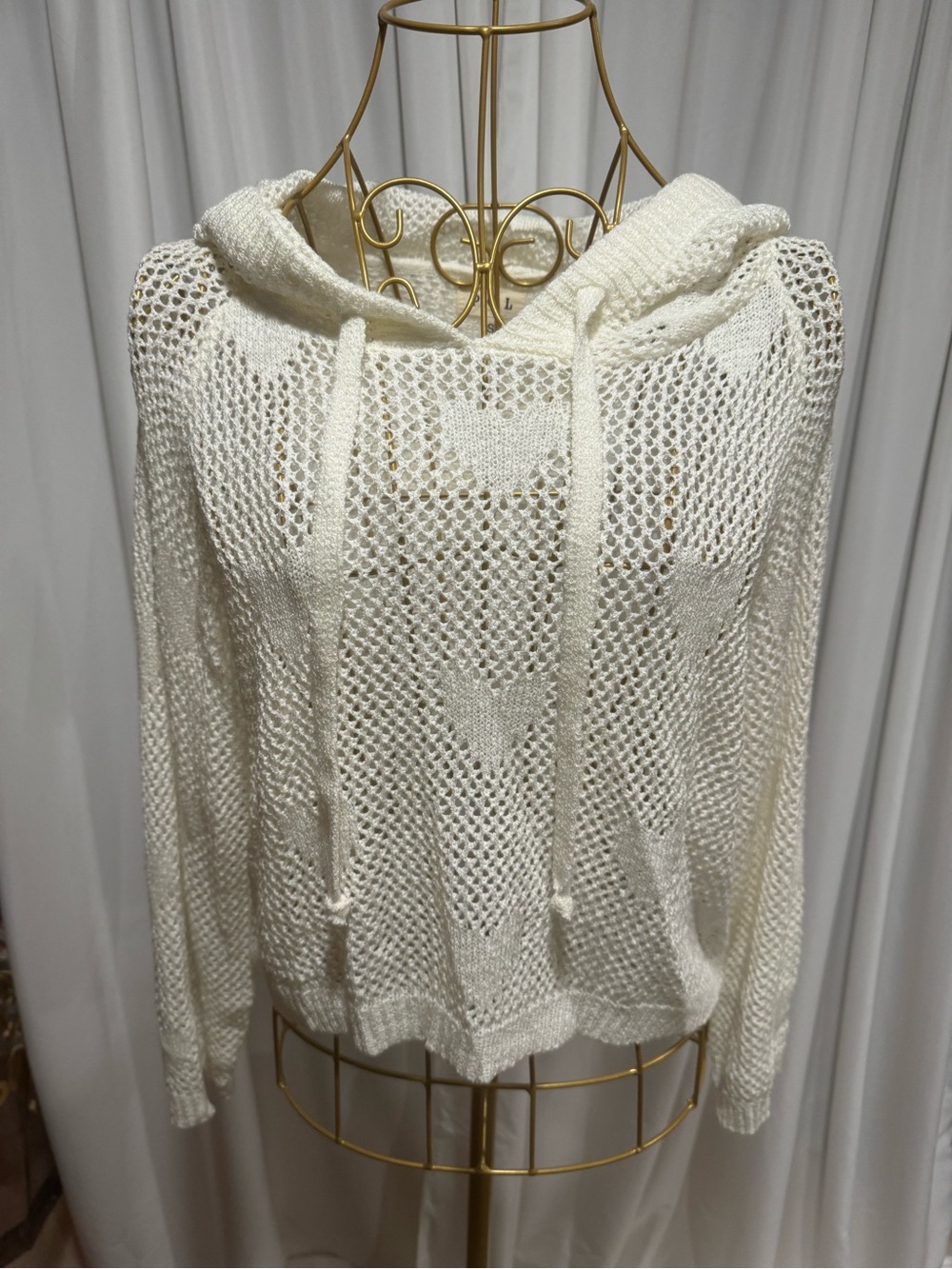 POL Cream Open-Knit Heart Hoodie